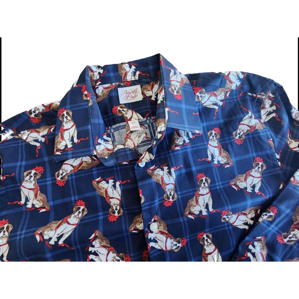 North Pole Trading Co Blue Button Down Plaid Shirt with Dog Christmas Bow Size L